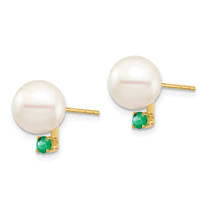 Jewelry 14K 885mm White Round Freshwater Cultured Pearl Emerald Post Earrings Earrings Jewelry 14K 885mm White Round Freshwater Cultured Pearl Emerald Post Earrings Earrings