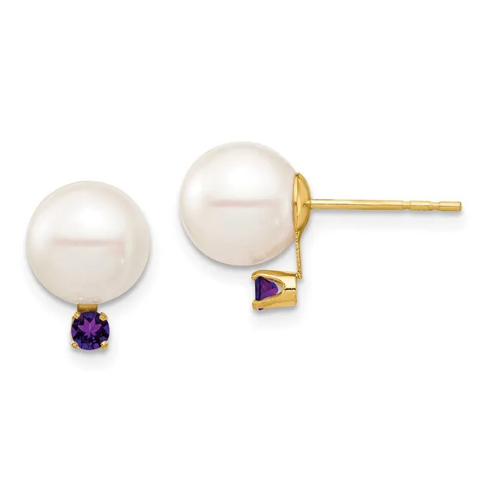 Jewelry Earrings 14K 885mm White Round Freshwater Cultured Pearl Amethyst Post Earrings Jewelry Earrings 14K 885mm White Round Freshwater Cultured Pearl Amethyst Post Earrings
