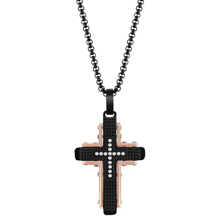 Mens Necklace Black and Rose Stainless Steel CZ Cross Pendant SL7105 Classic Necklaces Mens Necklace Black and Rose Stainless Steel CZ Cross Pendant SL7105 Classic Necklaces
