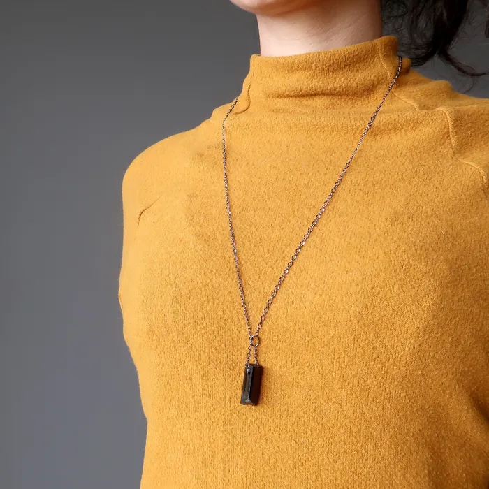 Necklaces Black Tourmaline Necklace Rough n Rugged Protection Stone Satin Crystals