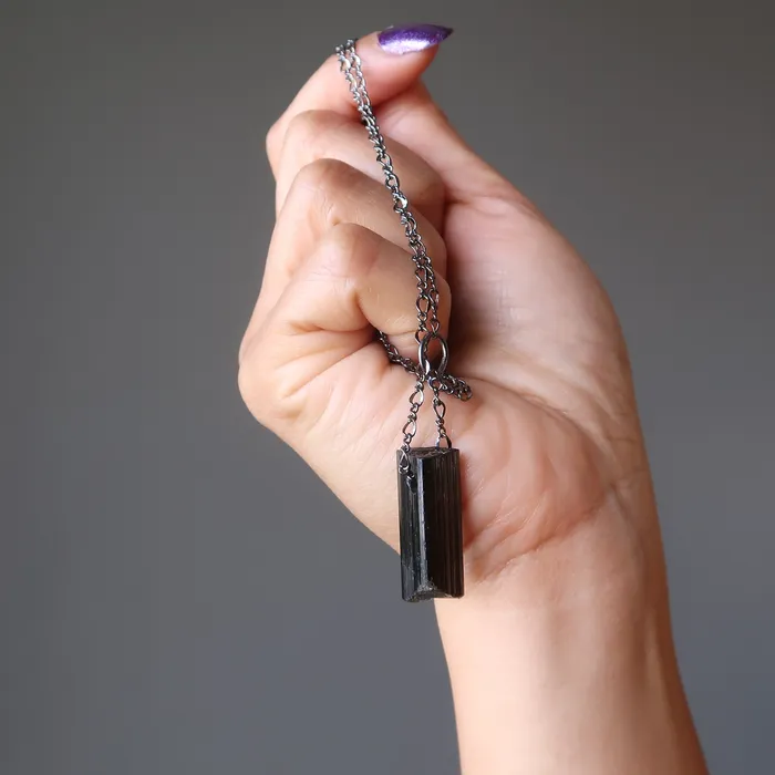 Necklaces Black Tourmaline Necklace Rough n Rugged Protection Stone Satin Crystals