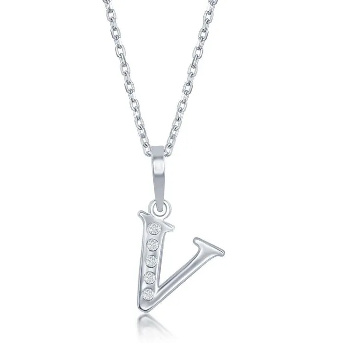 Necklaces Classic Sterling Silver Diamond V Initial Pendant Chain