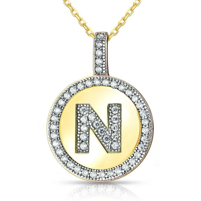 Necklaces Classic Sterling Silver Gold Plated Circle N Pendant with Chain