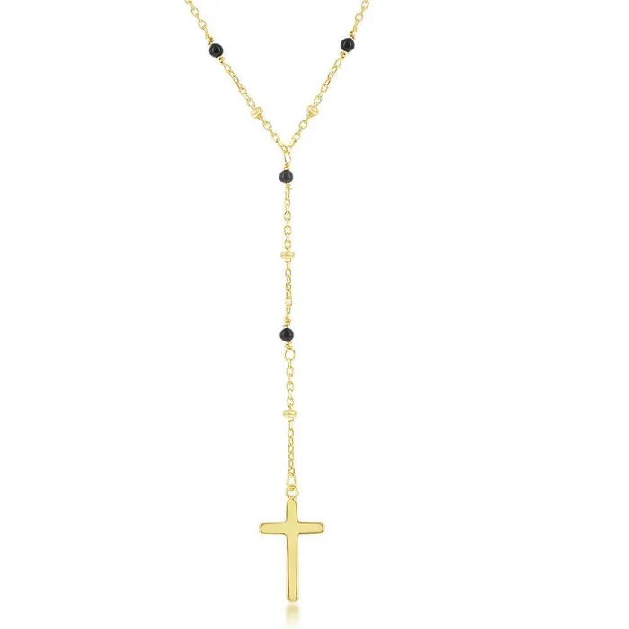 Necklaces Classic Sterling Silver GP Onyx and Plain Beads Cross Rosary Necklace Necklaces Classic Sterling Silver GP Onyx and Plain Beads Cross Rosary Necklace