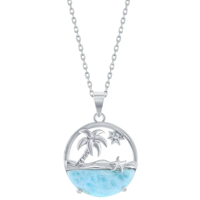 Necklaces Classic Womens Necklace Palm Tree Sun and Starfish Larimar M6910 Necklaces Classic Womens Necklace Palm Tree Sun and Starfish Larimar M6910