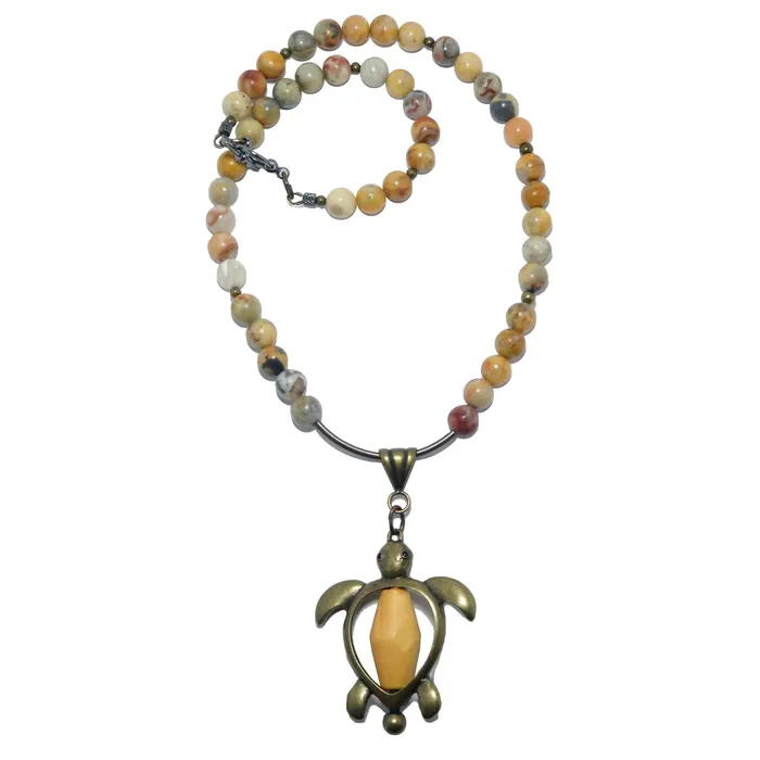Necklaces Crazy Lace Agate Necklace Positive Turtle Wood Brass Satin Crystals