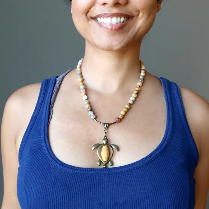 Necklaces Crazy Lace Agate Necklace Positive Turtle Wood Brass Satin Crystals