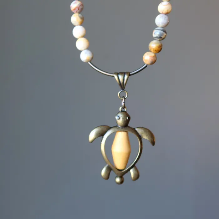 Necklaces Crazy Lace Agate Necklace Positive Turtle Wood Brass Satin Crystals