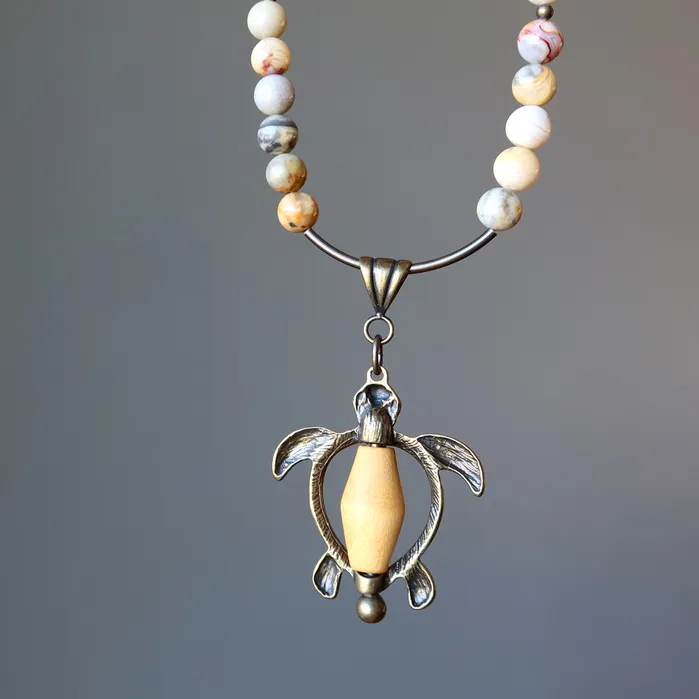 Necklaces Crazy Lace Agate Necklace Positive Turtle Wood Brass Satin Crystals