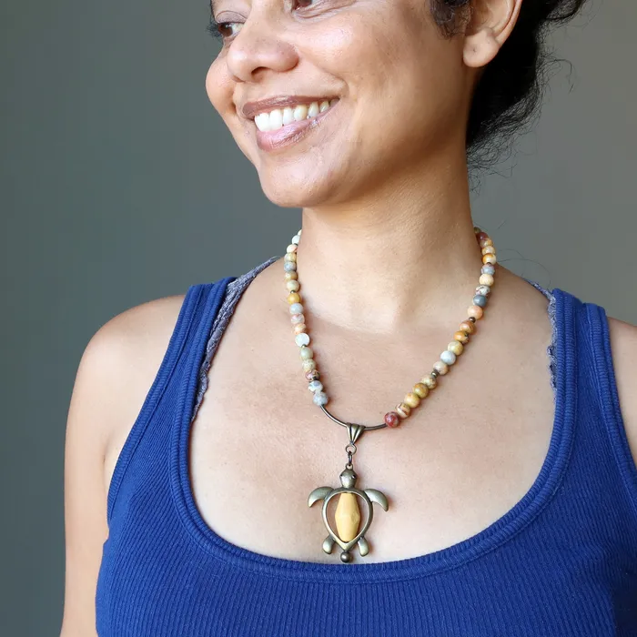 Necklaces Crazy Lace Agate Necklace Positive Turtle Wood Brass Satin Crystals