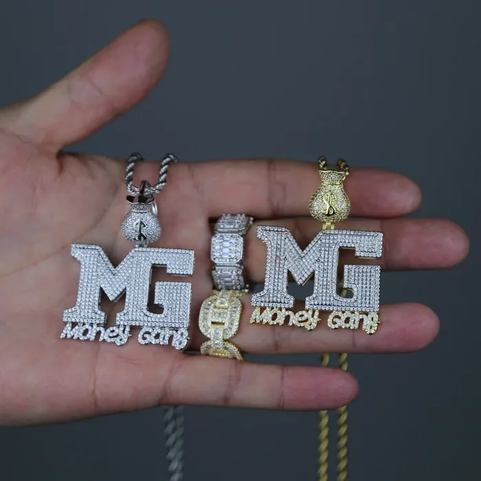 Necklaces Iced Out Money Gang Badge Pendant Chain VVS Jewelry