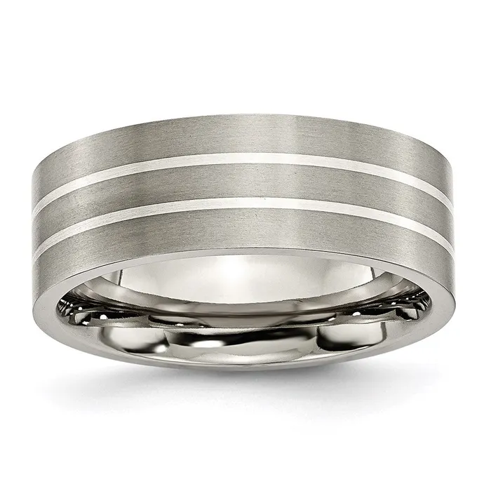 Rings Titanium Sterling Silver Inlay Flat 8mm Brushed Band TB213 Chisel