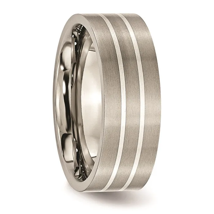 Rings Titanium Sterling Silver Inlay Flat 8mm Brushed Band TB213 Chisel Rings Titanium Sterling Silver Inlay Flat 8mm Brushed Band TB213 Chisel