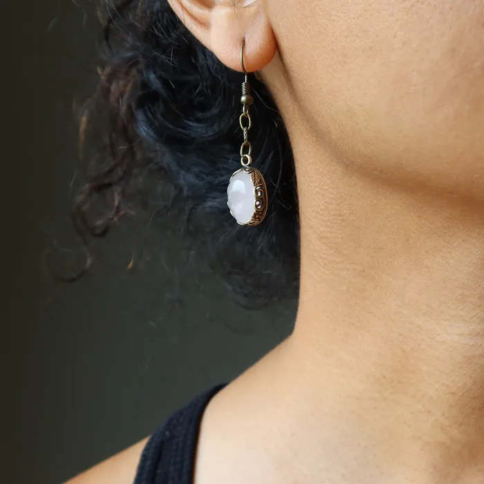 Rose Quartz Earrings Timeless Lover Gem on Chain Satin Crystals Earrings