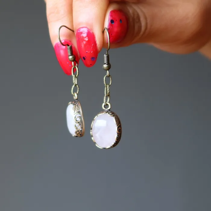 Rose Quartz Earrings Timeless Lover Gem on Chain Satin Crystals Earrings