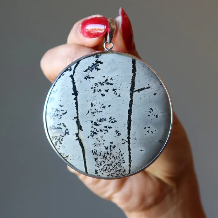 Satin Crystals Necklaces Dendritic Jasper Pendant Nature is Perfect Round Picture Stone