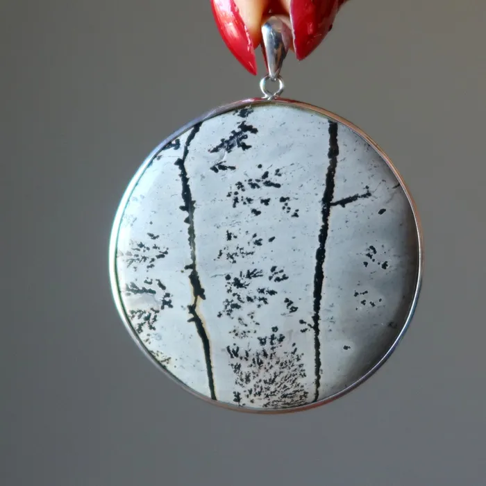 Satin Crystals Necklaces Dendritic Jasper Pendant Nature is Perfect Round Picture Stone