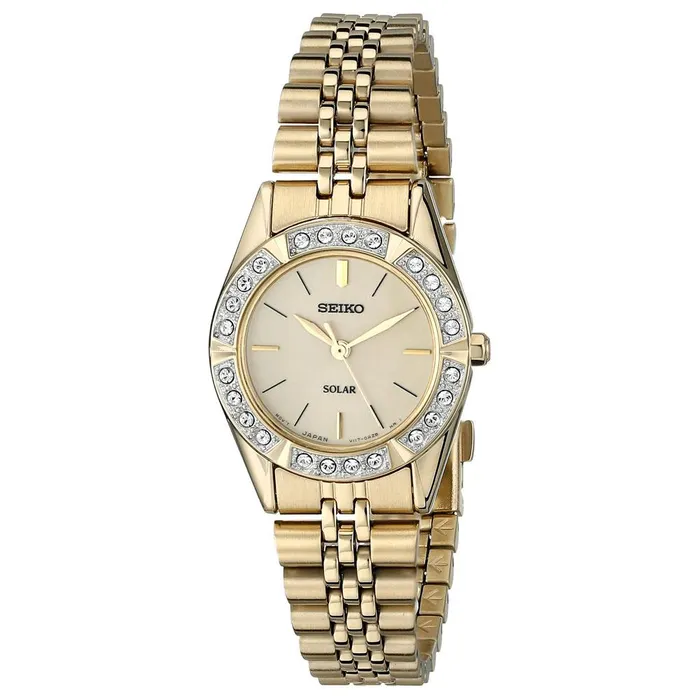 Seiko SUP096 Womens Core Solar Swarovski Crystals Bezel Champagne Dial Yellow Gold Steel Watch Seiko Watches Seiko SUP096 Womens Core Solar Swarovski Crystals Bezel Champagne Dial Yellow Gold Steel Watch Seiko Watches