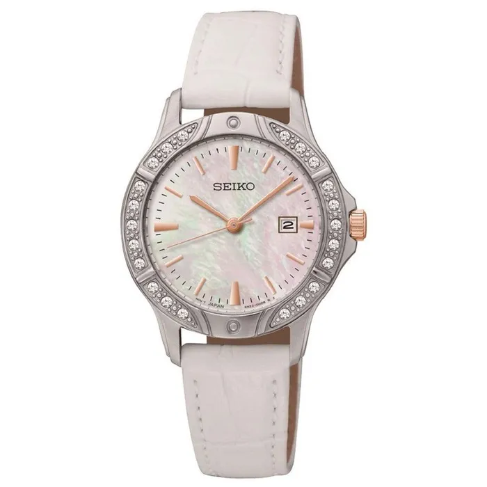 Seiko SUR871 Womens Swarovski Crystal Accented Bezel MOP Dial White Leather Strap Watch Seiko Watches Seiko SUR871 Womens Swarovski Crystal Accented Bezel MOP Dial White Leather Strap Watch Seiko Watches