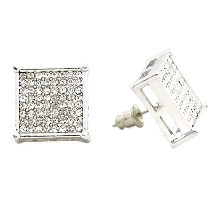 Square Silver Tone Iced Earrings 15MM Bling Cartel Admin Earrings