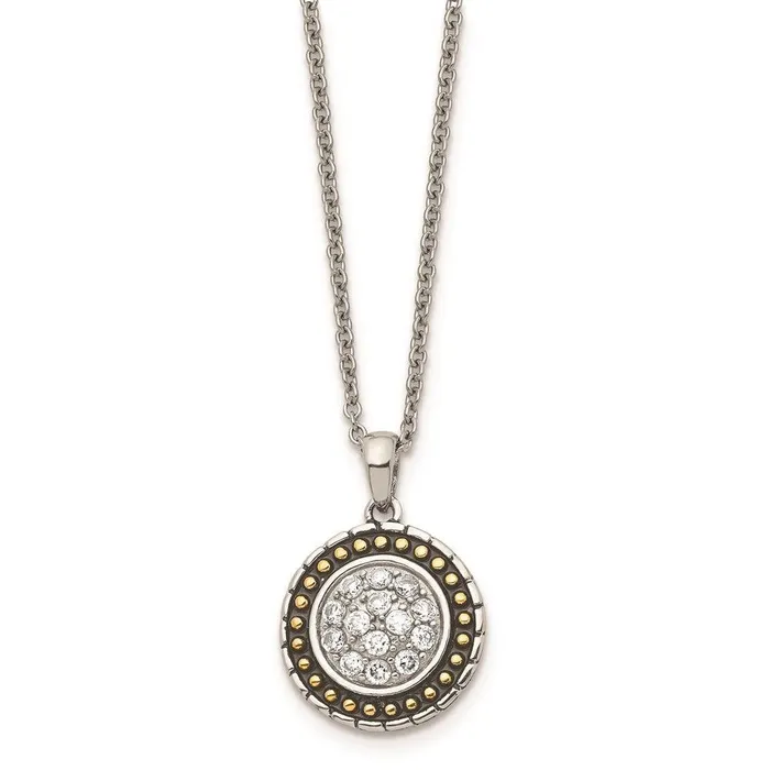 Stainless Steel CZ with Yellow IPplated Antiqued Circle Necklace Chisel Necklaces Stainless Steel CZ with Yellow IPplated Antiqued Circle Necklace Chisel Necklaces