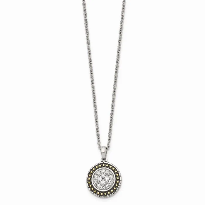 Stainless Steel CZ with Yellow IPplated Antiqued Circle Necklace Chisel Necklaces Stainless Steel CZ with Yellow IPplated Antiqued Circle Necklace Chisel Necklaces