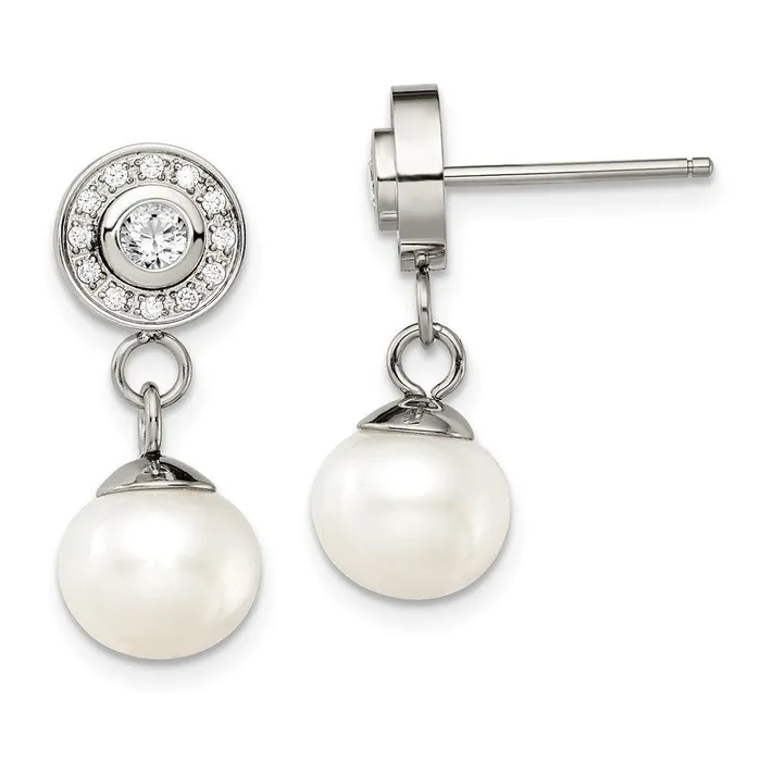 Stainless Steel Polished CZ and FWC Pearl Dangle Earrings Chisel Earrings