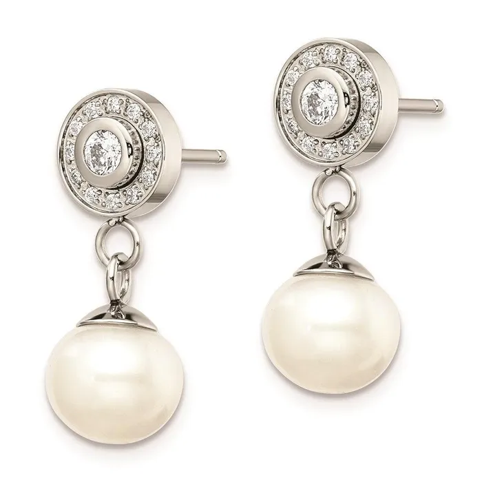 Stainless Steel Polished CZ and FWC Pearl Dangle Earrings Chisel Earrings Stainless Steel Polished CZ and FWC Pearl Dangle Earrings Chisel Earrings