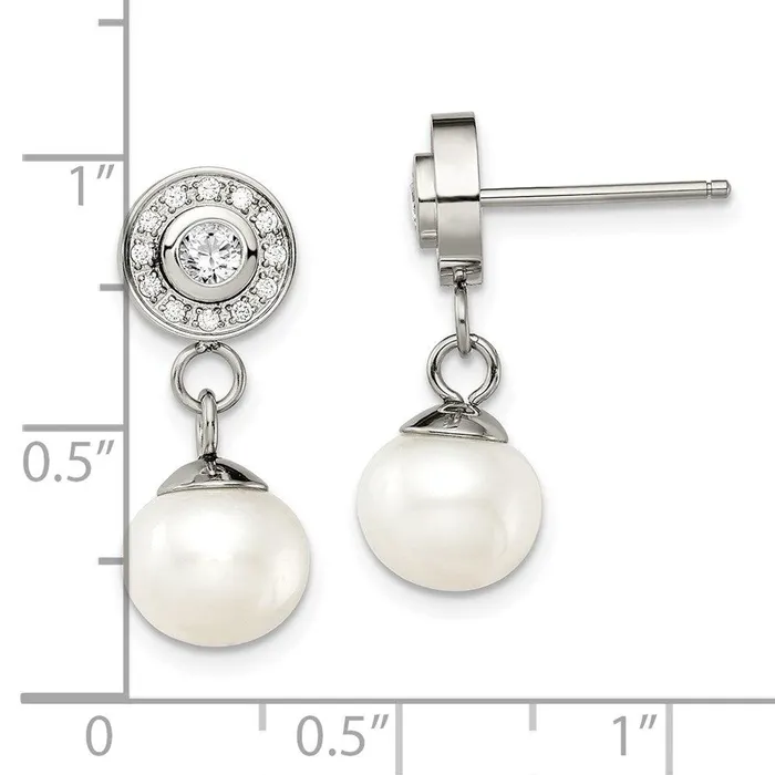 Stainless Steel Polished CZ and FWC Pearl Dangle Earrings Chisel Earrings Stainless Steel Polished CZ and FWC Pearl Dangle Earrings Chisel Earrings