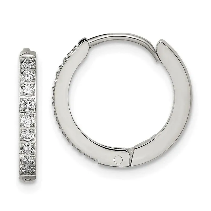 Stainless Steel Polished with Preciosa Crystal 2mm Hinged Hoop Earrings Chisel Earrings Stainless Steel Polished with Preciosa Crystal 2mm Hinged Hoop Earrings Chisel Earrings