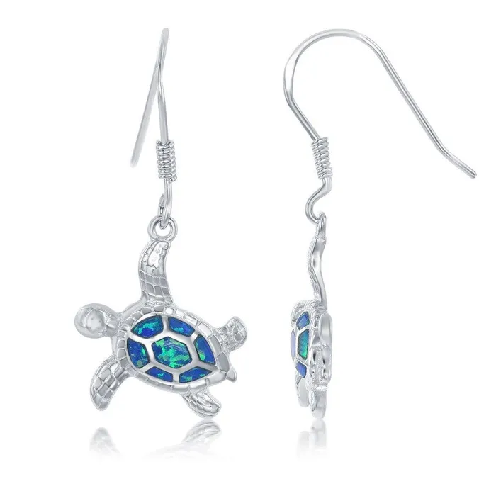 Sterling Silver Blue Opal Inlay Turtle Earrings Classic Earrings