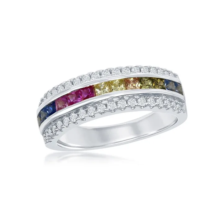 Sterling Silver Center Rainbow CZ with White CZ Ring W2128 Classic Rings