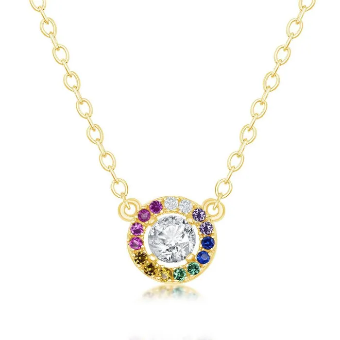 Sterling Silver Center White CZ with Rainbow CZ Necklace Classic Necklaces