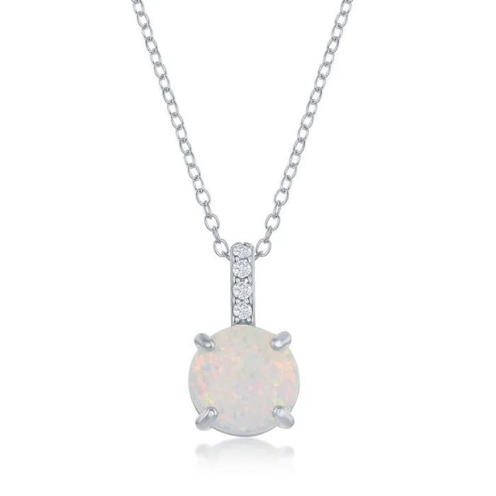 Sterling Silver Prong Round White Opal With CZ Pendant Classic Necklaces