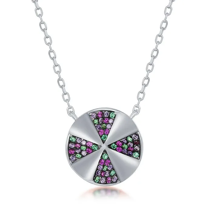 Sterling Silver Rainbow Cubic Zirconia Designed Disc Necklace Classic Necklaces Sterling Silver Rainbow Cubic Zirconia Designed Disc Necklace Classic Necklaces
