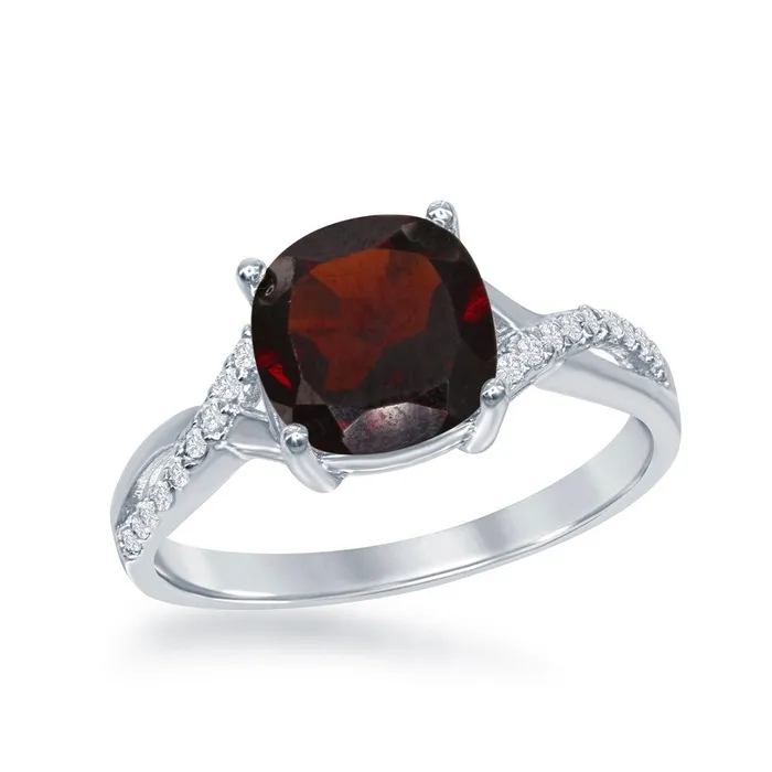 Sterling Silver Small Square Garnet with White Topaz on Side Ring W1680 Classic Rings Sterling Silver Small Square Garnet with White Topaz on Side Ring W1680 Classic Rings