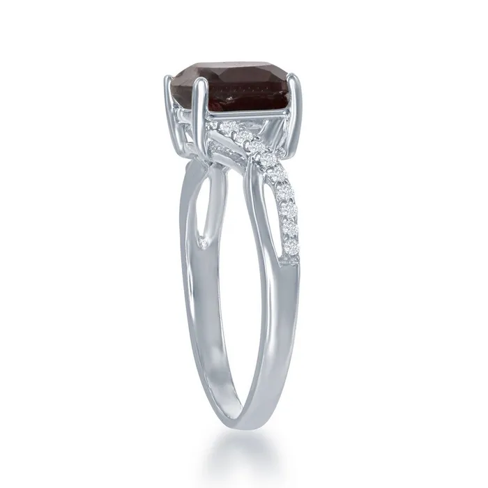 Sterling Silver Small Square Garnet with White Topaz on Side Ring W1680 Classic Rings Sterling Silver Small Square Garnet with White Topaz on Side Ring W1680 Classic Rings