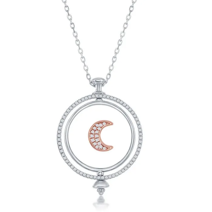Sterling Silver Spinning Disc Crescent Moon with CZ Necklace Classic Necklaces Sterling Silver Spinning Disc Crescent Moon with CZ Necklace Classic Necklaces