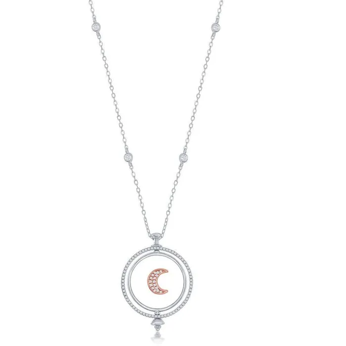 Sterling Silver Spinning Disc Crescent Moon with CZ Necklace Classic Necklaces Sterling Silver Spinning Disc Crescent Moon with CZ Necklace Classic Necklaces