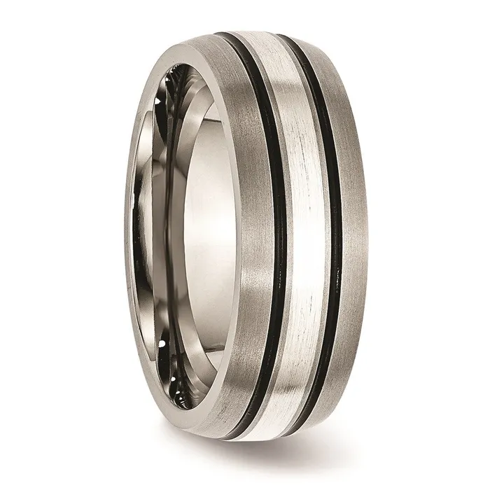 Titanium Grooved Sterling Silver Inlay 8mm BrushedAntiqued Band TB85 Chisel Rings Titanium Grooved Sterling Silver Inlay 8mm BrushedAntiqued Band TB85 Chisel Rings