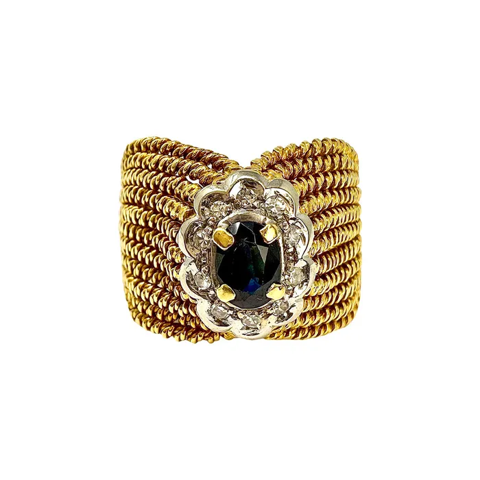 18K Gold Rope Ring with Sapphire and Diamond Jewelry Rings