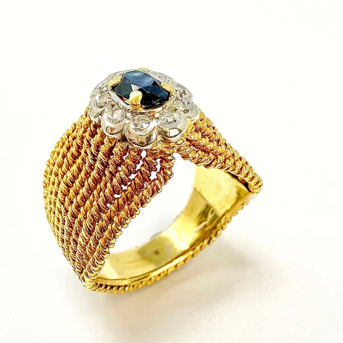 18K Gold Rope Ring with Sapphire and Diamond Jewelry Rings