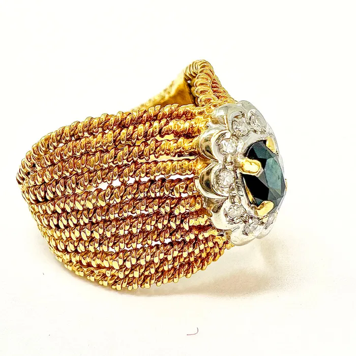18K Gold Rope Ring with Sapphire and Diamond Jewelry Rings