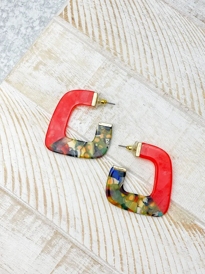 Acrylic Square Hoop Earrings Red Multi Prep Obsessed BI Earrings