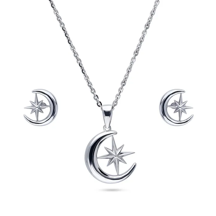 BERRICLE Earrings Crescent Moon North Star Set in Sterling Silver