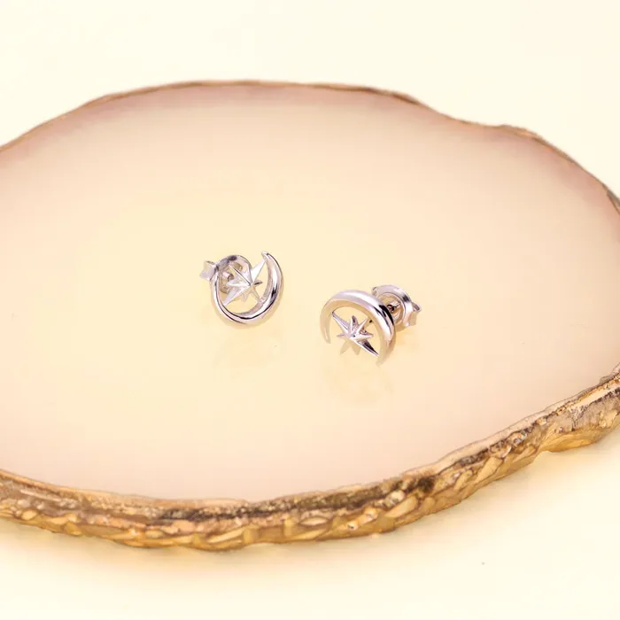 BERRICLE Earrings Crescent Moon North Star Set in Sterling Silver