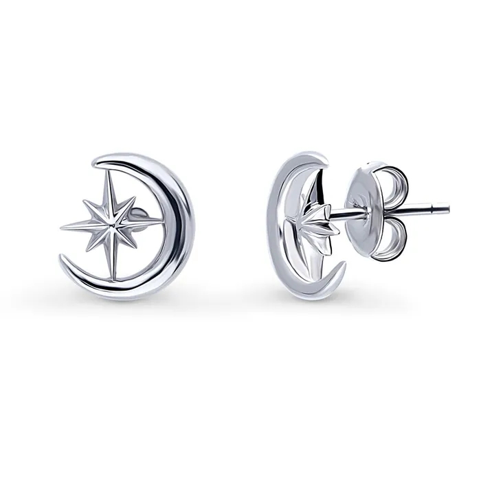 BERRICLE Earrings Crescent Moon North Star Set in Sterling Silver