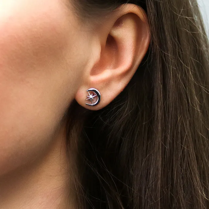 BERRICLE Earrings Crescent Moon North Star Set in Sterling Silver