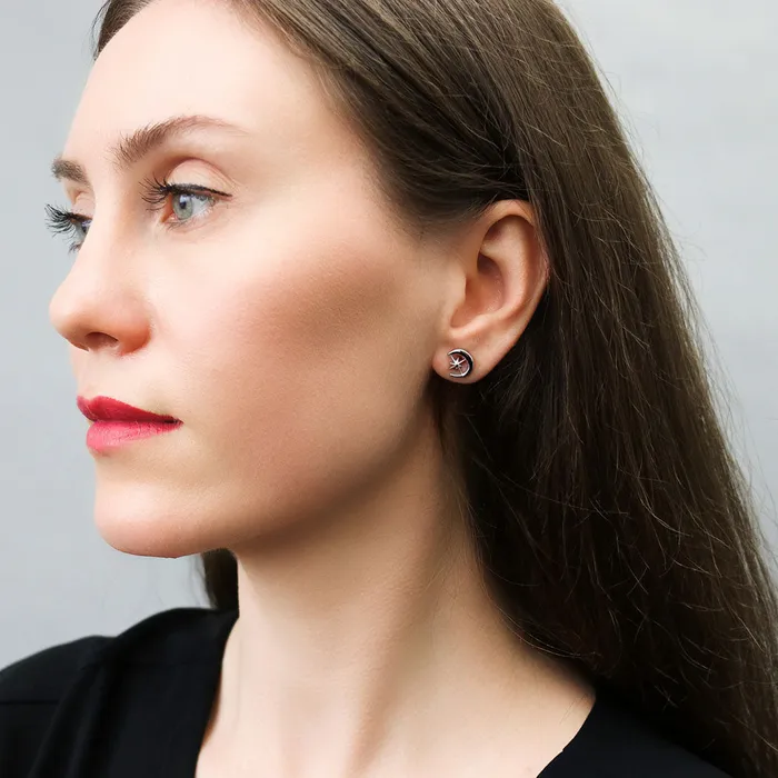 BERRICLE Earrings Crescent Moon North Star Set in Sterling Silver