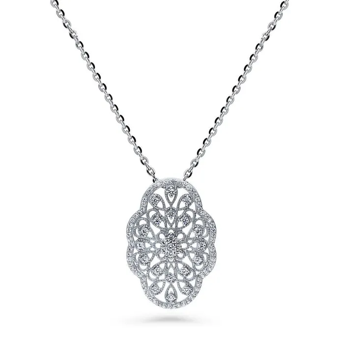 BERRICLE Necklaces Flower Art Deco CZ Necklace in Sterling Silver